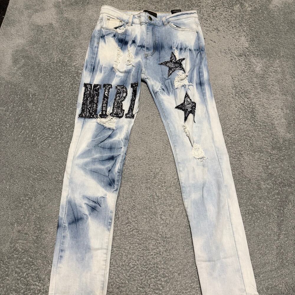 AMIRI Jeans Mens 31 x29 Tie-Dye Distressed Star Patch Denim Jeans Skinny
